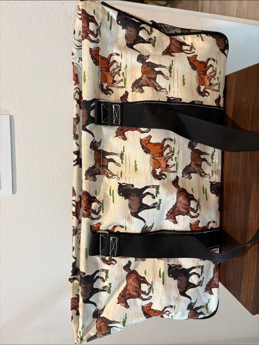 Canvas Horse-Print Carry Tote Bag - Black Straps